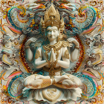 Seamless pattern of flowers and gods on the fabric.