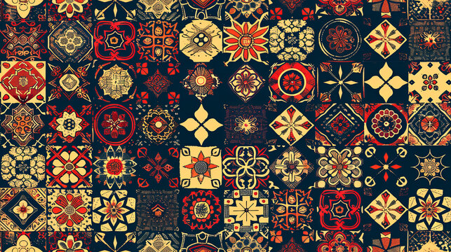 Seamless pattern of flowers and gods on the fabric.