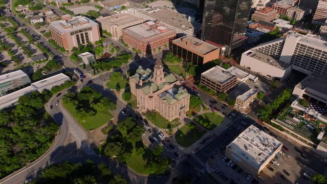 Aerial view of downtown Fort Worth, Texas with historic Tarrant County Court courthouse and cityscape under clear skies