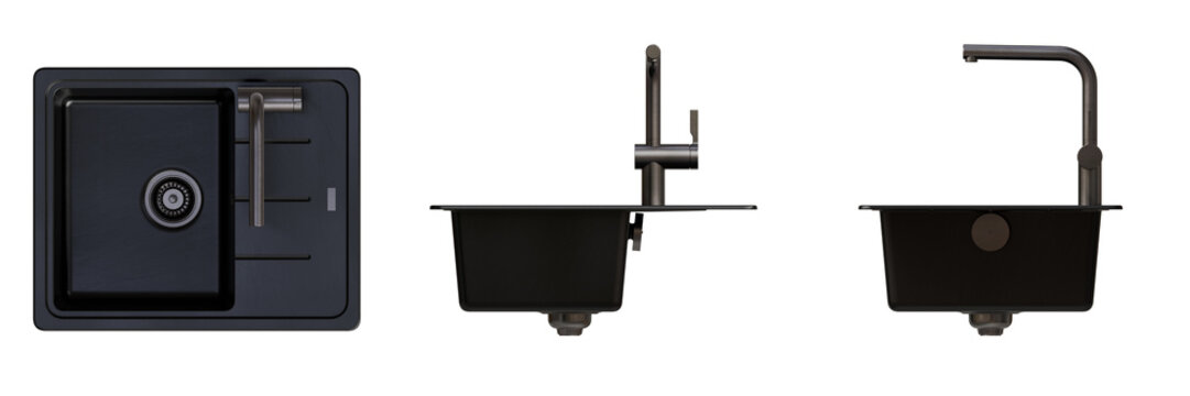 Kitchen Sink with Faucet - Top View, Front View, Side View. Isolated Transparent Background
