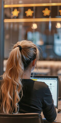  a blonde woman in the shot from behind, looking over her shoulder at a laptop. see on the screen how she is writing 
