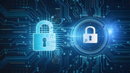 Secure connection or cybersecurity service concept of compute motherboard closeup and safety lock with login and connecting verified credentials