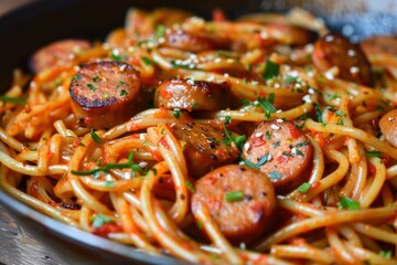 Spicy spaghetti stir fry with sausage - generative ai