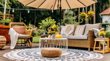 Chic Scandinavian outdoor seating with modern design and wooden furniture.