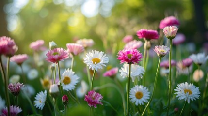 Capturing the pink and white blooming Bellis perennis in the park