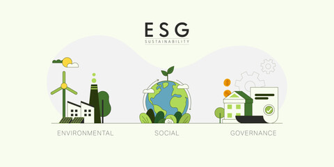 ESG as environmental, social and governance concept.Sustainable of Green ecology and alternative renewable energy. Flat Vector illustration.