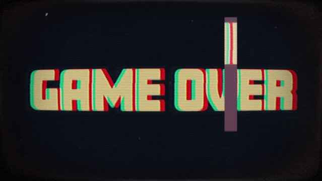 Game over text message scrolling up on a television or computer screen with distortion effects, glitches, static and chromatic aberrations and flickering