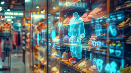 Obraz premium Modern Fashion Store Display with Holographic Interface, Generative AI