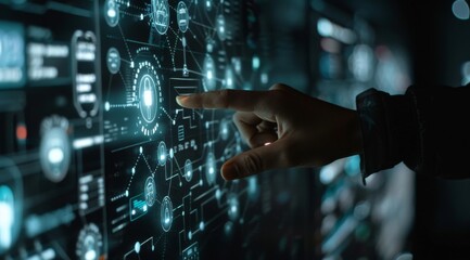 A hand pointing at an interactive screen displaying various digital data and cyber security symbols, representing the concept of advanced AI technology in business office environment.
