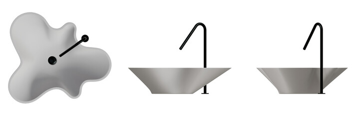 Bathroom Sink with Faucet - Top View, Front View, Side View. Isolated Transparent Background