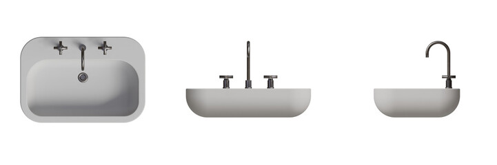 Bathroom Sink with Faucet - Top View, Front View, Side View. Isolated Transparent Background