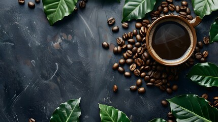 Fototapeta premium a cup of coffee with coffee bean and leave with copy space 