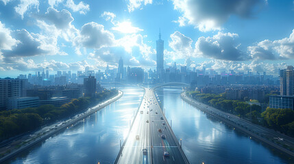 Fototapeta premium View of modern city background with building and highway