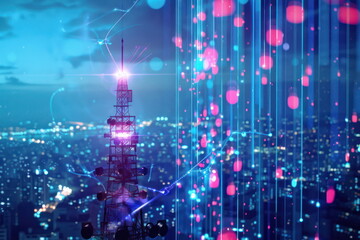 Obraz premium Signal antenna with line data hologram, broadcast pole and telephone transceiver