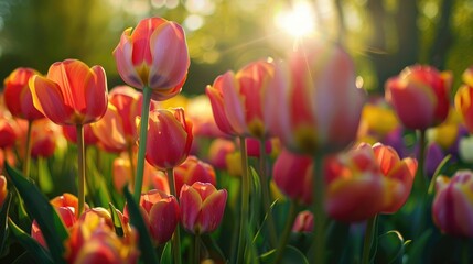 Blooming tulips in a Dutch spring field viewed up close