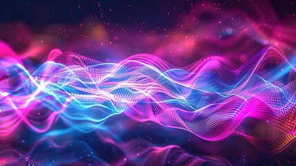 Electric dance of neon waves, vivid backdrop, illuminated abstract background modern digital art, transparent colorful ribbon neon lines