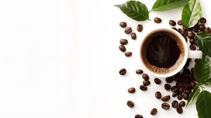 Obraz premium a cup of coffee with coffee bean and leave with copy space 