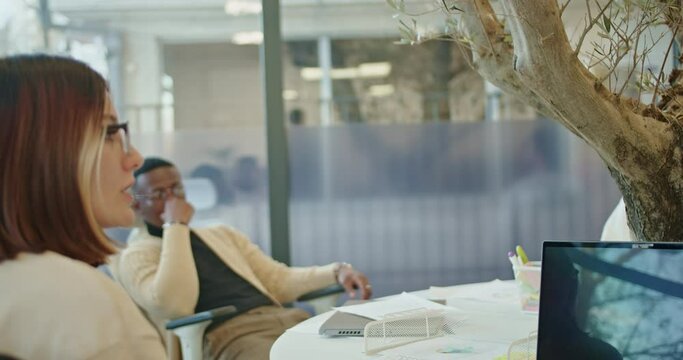 Gorgeous businesswoman explaining something about a new project, gathered at table during meeting with her multiracial coworkers at modern, startup office.