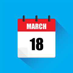 March calendar icon. Date 18 highlighted. Red and white colors. Vector illustration.