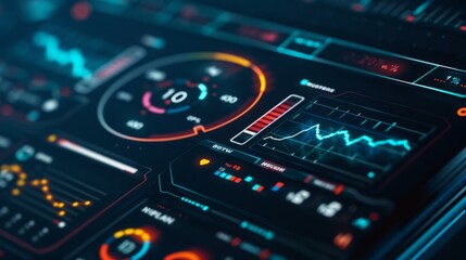 A close-up shot of a futuristic digital interface displaying various graphs, data, and other visual elements.