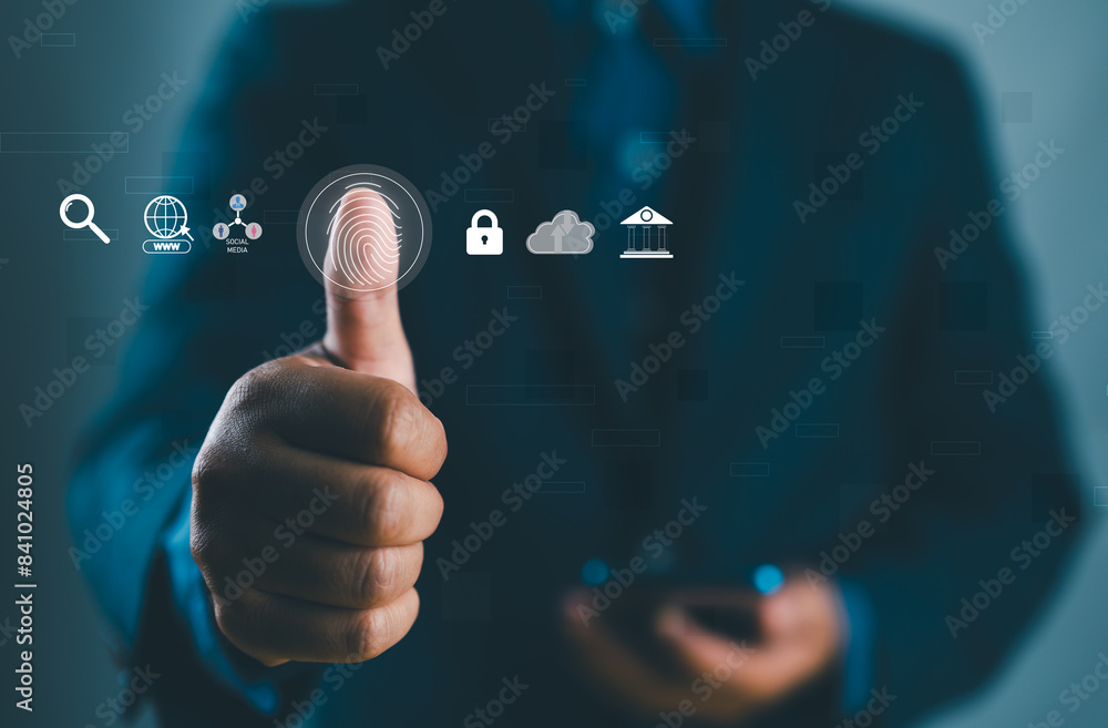 Poster Biometric cyber security system. Businessman touch virtual access control icon. Access security personal financial data on scan fingerprint identification, Cybersecurity and privacy to protect data.
