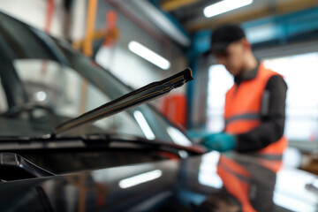 Obraz premium Close up of wiper blades being installed by technician in the background