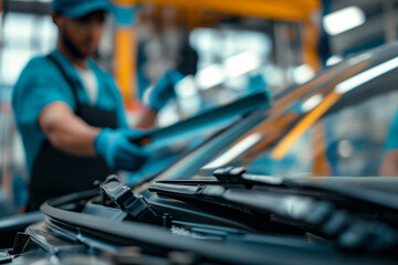 Obraz premium Close up of wiper blades being installed by technician in the background