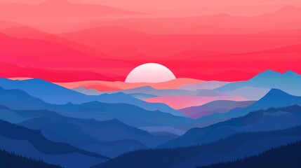 vector landscape illustration wallpaper, red and blue colors, with layers of mountains, sunset, cyberpunk style, calligraphy background