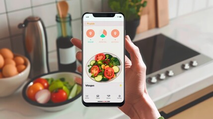 A person holds a smartphone displaying a food tracking app with a picture of a salad, alongside a bowl of vegetables and a modern kitchen countertop.