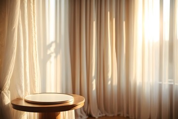 Empty modern round wooden podium side table in soft white blowing drapery curtain drapes in sunlight for luxury cosmetic, skincare, beauty treatment, fashion product display background