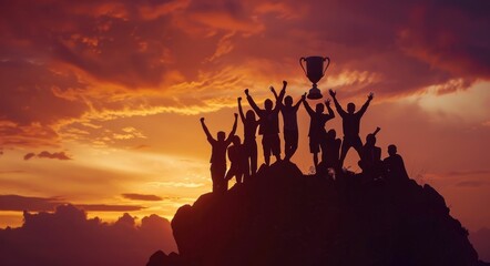 Triumphant silhouettes standing on mountain top with trophy in background celebrating success and achievement in travel adventure