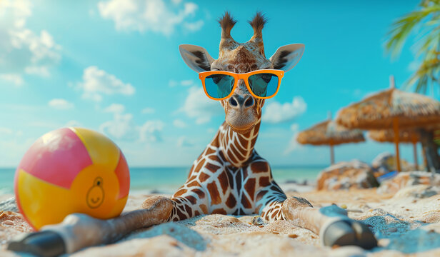 Geraffe in sunglasses chilling on tropical beach with beach ball in beside. Generative AI