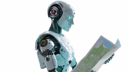Fototapeta premium Futuristic Robot AI with Map on White Background