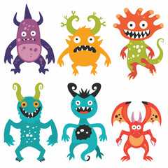 Naklejka premium Six colorful cartoon monsters isolated white background, creature unique funny design smiling eyes teeth. Playful monster characters childrens book game