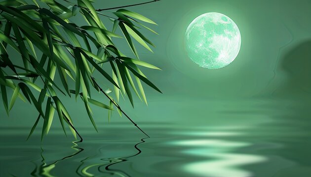 A green moon is reflected in the water