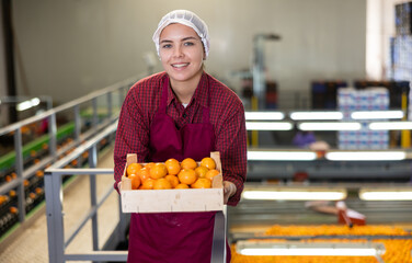 Portrait of cheerful young girl worker standing with box of selected tangerines at fruit sorting factory © JackF