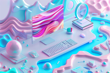Abstract digital workspace with multiple devices. Minimal modern captured in futuristic Creative design pastel tone. colorful background