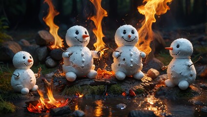 Obraz premium Melting Snowmen by the Campfire