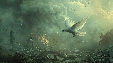 Fototapeta premium A peaceful dove flies over the charred remains of a city, a stark reminder of the destruction caused by war