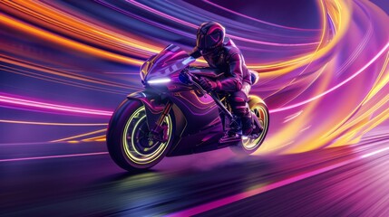 A man is riding a motorcycle on a road with neon lights