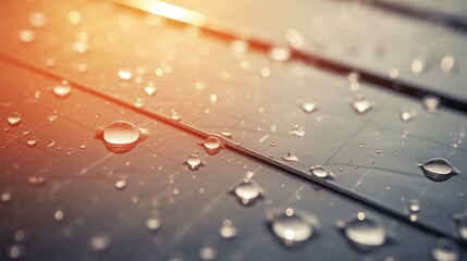 solar panel covered in morning dew, sparkling like diamonds under the soft light of dawn.