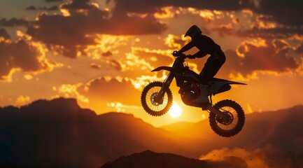 Silhuete Dirt bike rider with his motorcycle racing in mountain