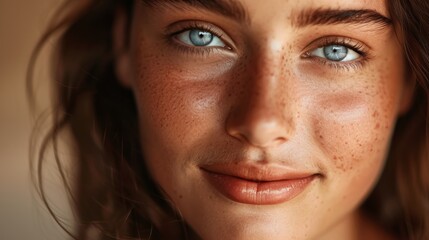 Fototapeta premium A close-up portrait of a young woman with piercing blue eyes and a warm smile, her skin glowing with natural beauty.
