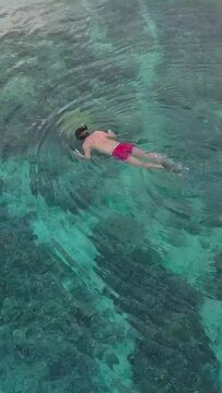 Snorkler swimming in blue ocean, he want to find common indonesian fishes and turtoises Vertical shot.