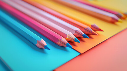 Fototapeta premium Colorful pencils arranged in rows on vibrant colored paper, ideal for creative projects, art supplies, and school concepts.