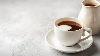 Morning black coffee with sugar in white cup