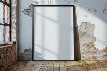 Poster frame mockup on wooden floor created with Generative AI