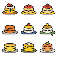 Stacks pancakes different toppings fruits illustrated. Colors vibrant, design simple, food theme. Vector graphic, isolated, suitable breakfast menu
