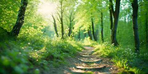 Path footpath in the deciduous forest in spring in the summer in the morning sun. Young lush green trees in the forest.