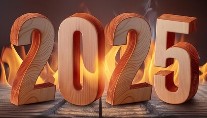 Number 2025 with flaming concept on plank background